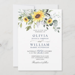 Elegant Watercolor Sunflowers Eucalyptus Wedding Invitation