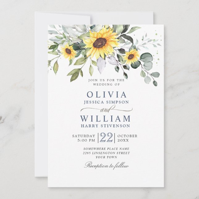 Elegant Watercolor Sunflowers Eucalyptus Wedding Invitation (Front)