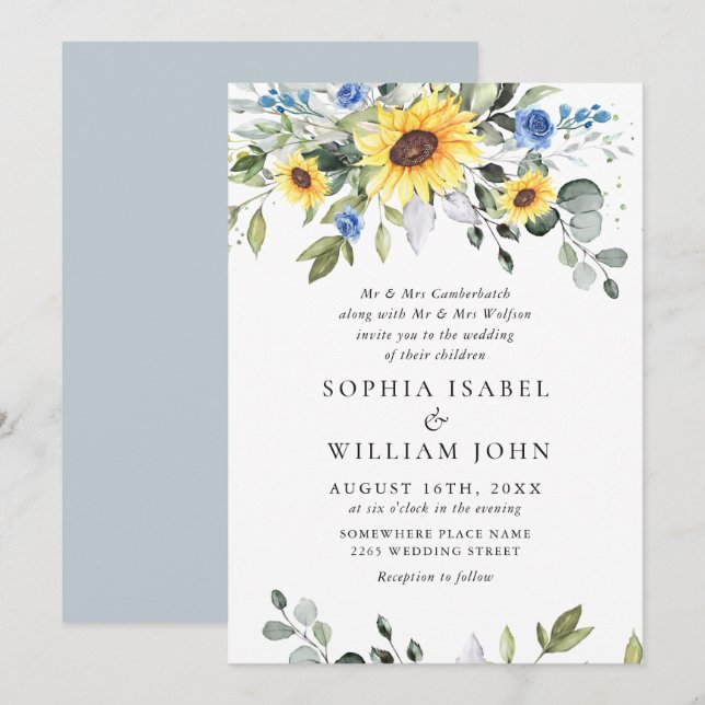Elegant Watercolor Sunflowers Eucalyptus Wedding Invitation (Front/Back)