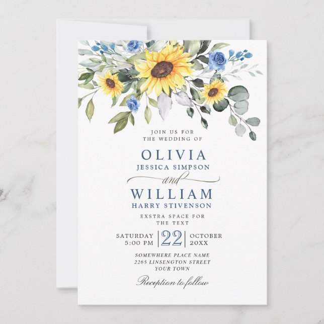 Elegant Watercolor Sunflowers Eucalyptus Wedding Invitation (Front)