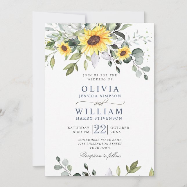 Elegant Watercolor Sunflowers Eucalyptus Wedding Invitation (Front)