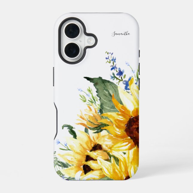 Elegant Watercolor Sunflowers Floral Personalised iPhone 16 Case (Back)
