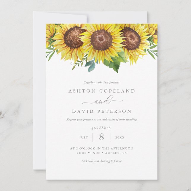 Elegant Watercolor Sunflowers Floral Wedding Invitation (Front)