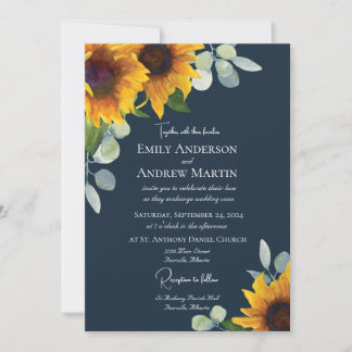 Elegant Watercolor Sunflowers Navy Blue Wedding Invitation