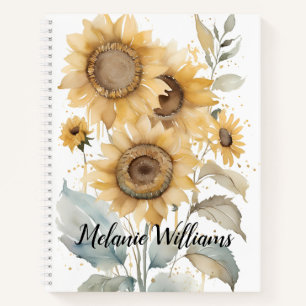 Elegant Watercolor Sunflowers   Personalised Name Notebook