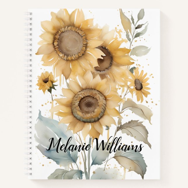 Elegant Watercolor Sunflowers | Personalised Name Notebook (Front)