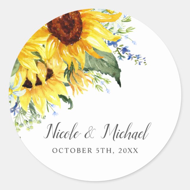 Elegant Watercolor Sunflowers Personalised Wedding Classic Round Sticker (Front)