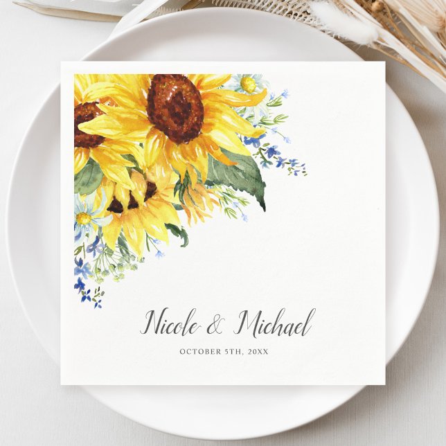 Elegant Watercolor Sunflowers Personalised Wedding Napkin (Creator Uploaded)
