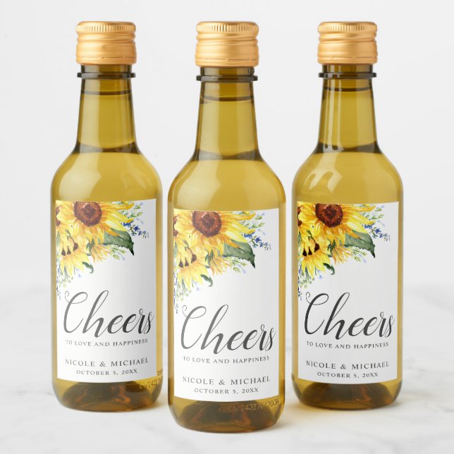 Elegant Watercolor Sunflowers Personalised Wedding Wine Label (Bottles)