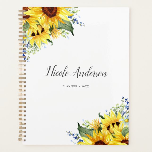 Elegant Watercolor Sunflowers Personalized Planner (Front)