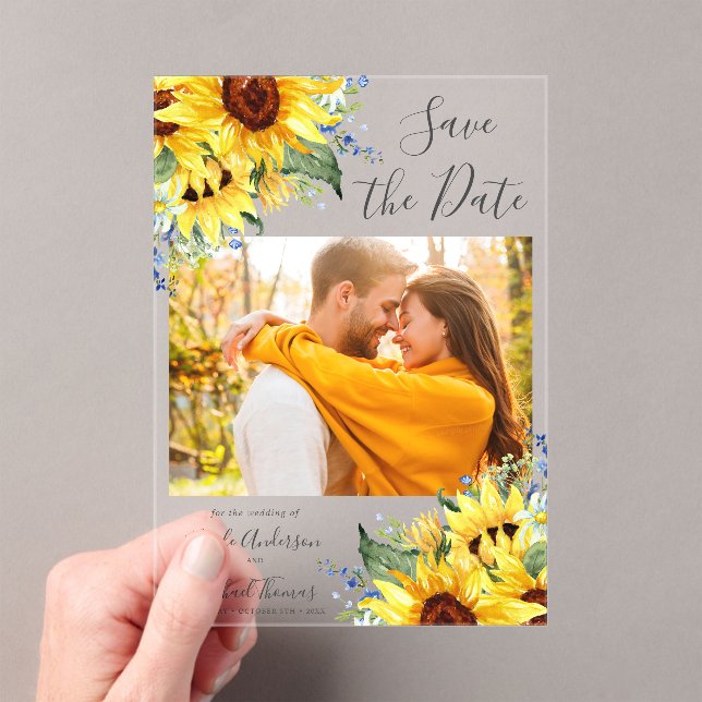 Elegant Watercolor Sunflowers Photo Save The Date Acrylic Invitations (Insitu (Handheld))