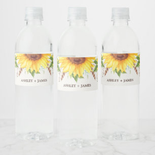 Elegant Watercolor Sunflowers Summer Wedding Favou Water Bottle Label
