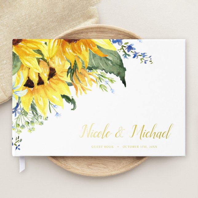 Elegant Watercolor Sunflowers Wedding Gold Guest Book (Creator Uploaded)