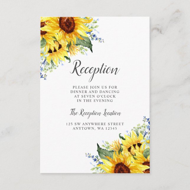 Elegant Watercolor Sunflowers Wedding Reception Enclosure Card (Front)