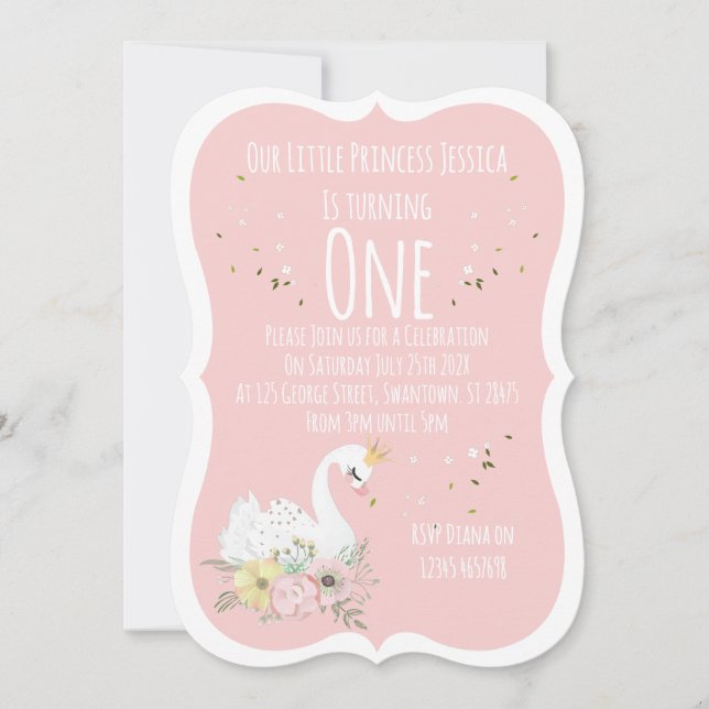 Elegant Watercolor Swan First Birthday Invitation (Front)