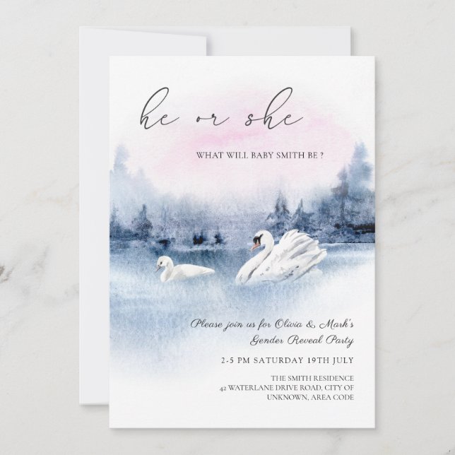 Elegant Watercolor Swans Bird Gender Reveal Invita Invitation (Front)
