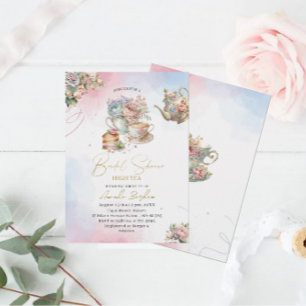 Elegant watercolor tea party girl pink gold bridal invitation