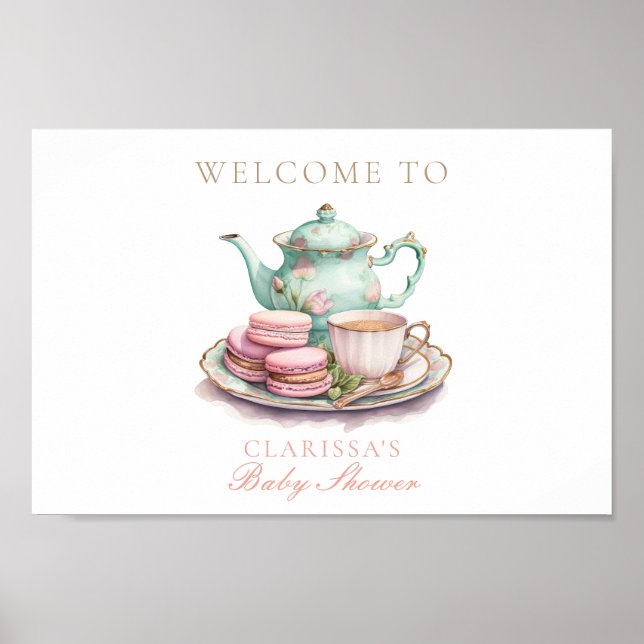 Elegant Watercolor Tea Party Gold Pink Baby Shower Poster (Front)