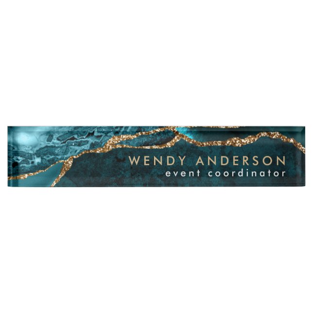 Elegant Watercolor Teal Gold Glitter Agate Nameplate (Front)