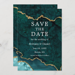 Elegant Watercolor Teal Gold Marble Agate Geode Save The Date