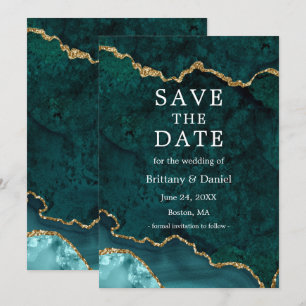 Elegant Watercolor Teal Gold Marble Agate Geode Save The Date