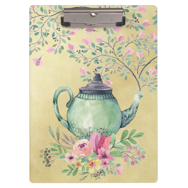 Elegant Watercolor Teapot and Flowers Gold Clipboard (Front)