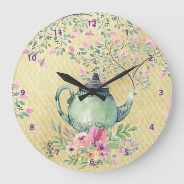 Elegant Watercolor Teapot and Flowers Gold Large Clock (Front)
