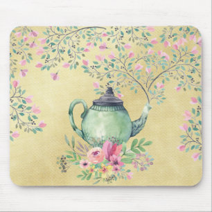 Elegant Watercolor Teapot and Flowers Gold Mouse Mat