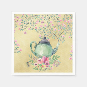 Elegant Watercolor Teapot and Flowers Gold Napkin