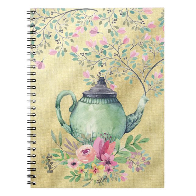 Elegant Watercolor Teapot and Flowers Gold Notebook (Front)
