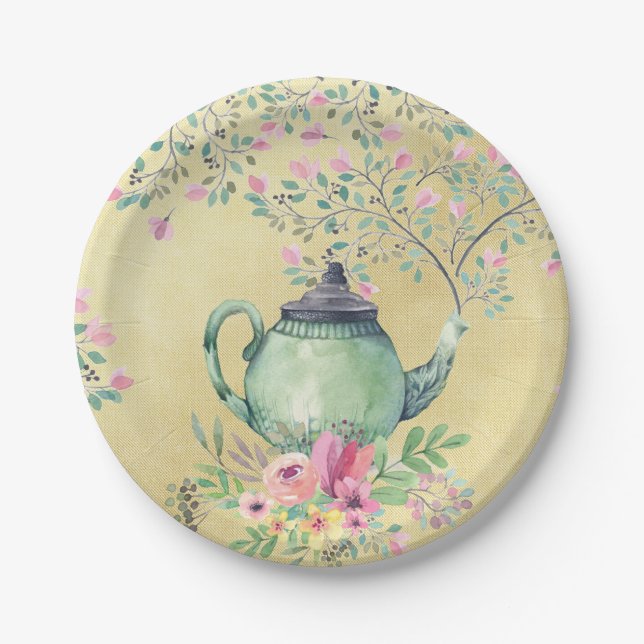 Elegant Watercolor Teapot and Flowers Gold Paper Plate (Front)