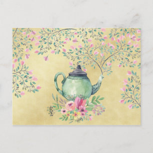 Elegant Watercolor Teapot and Flowers Gold Postcard