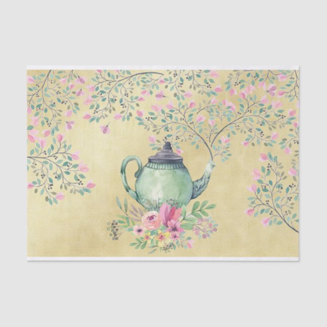 Elegant Watercolor Teapot and Flowers Gold Tissue Paper (Front)