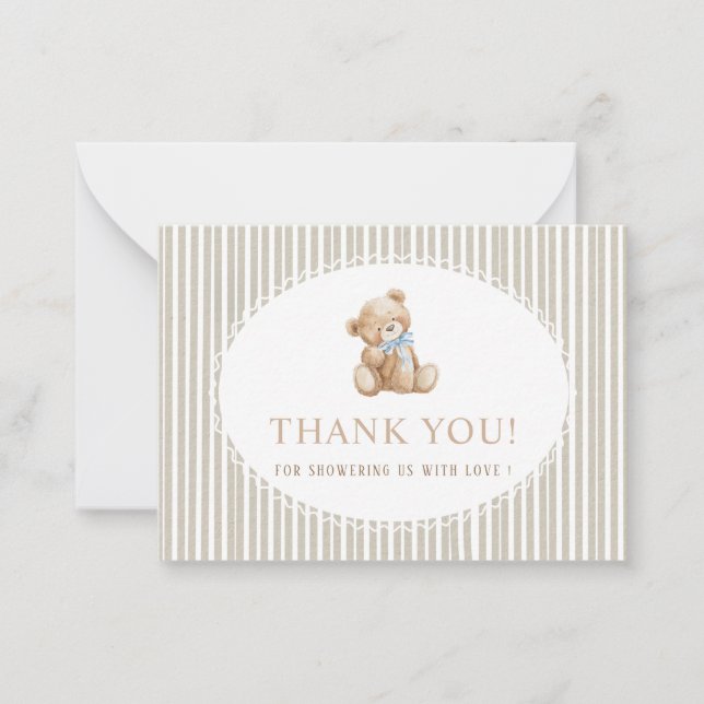 Elegant Watercolor teddy bear bow blue Baby shower Card (Front)