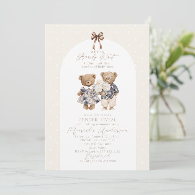 Elegant Watercolor Teddy Bear gender reveal Baby S Invitation (Standing Front)