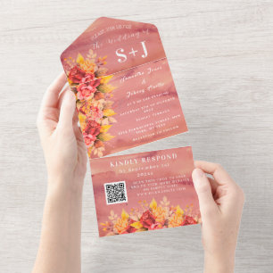 Elegant Watercolor Terracotta Floral Wedding RSVP All In One Invitation