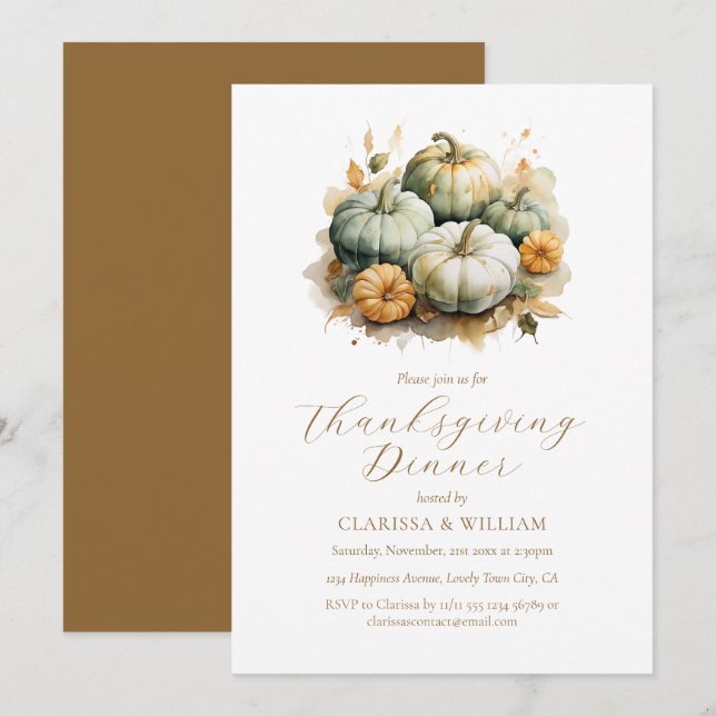 Elegant Watercolor Thanksgiving Dinner Invitation (Front/Back)