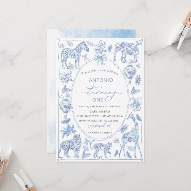Elegant  Watercolor Toile Safari Chinoiserie anima Invitation (Front/Back In Situ)