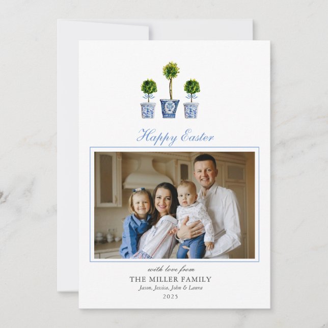 Elegant watercolor topiaries Easter family photo  Holiday Card (Front)