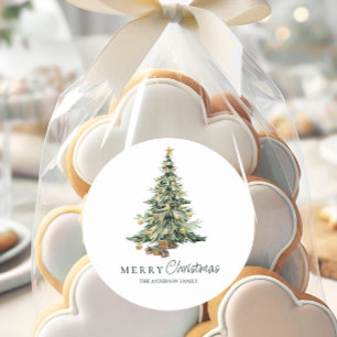 Elegant Watercolor Tree Christmas Classic Round Sticker