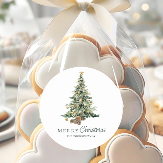 Elegant Watercolor Tree Christmas  Classic Round Sticker (Creator Uploaded)