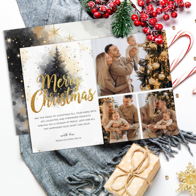 Elegant Watercolor Tree Multi Photo Christmas Card (Family Christmas Card)