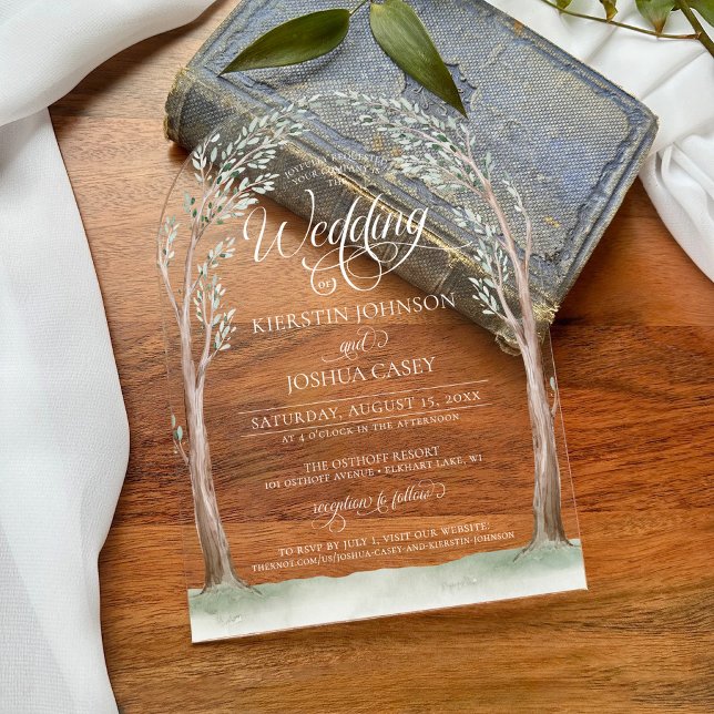 Elegant Watercolor Trees Whimsical Arch Wedding Acrylic Invitations (Whimsical watercolor arch trees sage green earth tones unique script calligraphy wedding invitation)