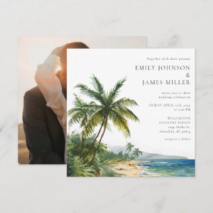 Elegant Watercolor Tropical Beach Photo Wedding Invitation