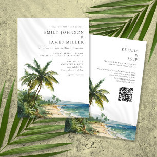 Elegant Watercolor Tropical Beach QR Code Wedding Invitation