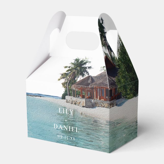 Elegant Watercolor Tropical Beach Wedding Favour Box (Front Side)