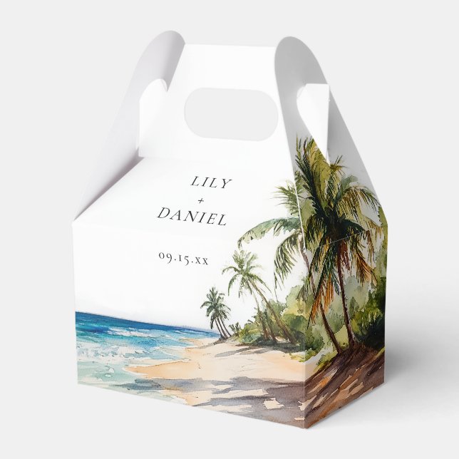 Elegant Watercolor Tropical Beach Wedding Favour Box (Front Side)