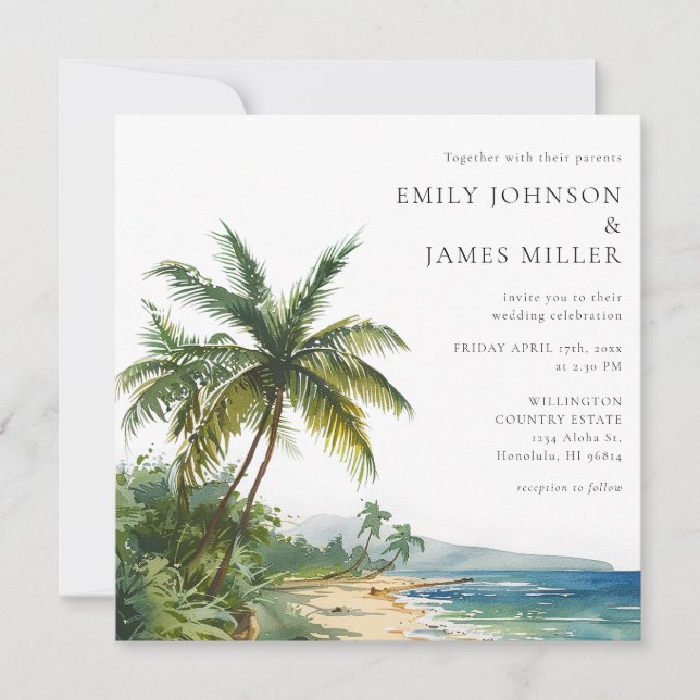 Elegant Watercolor Tropical Beach Wedding Invitation (Front)