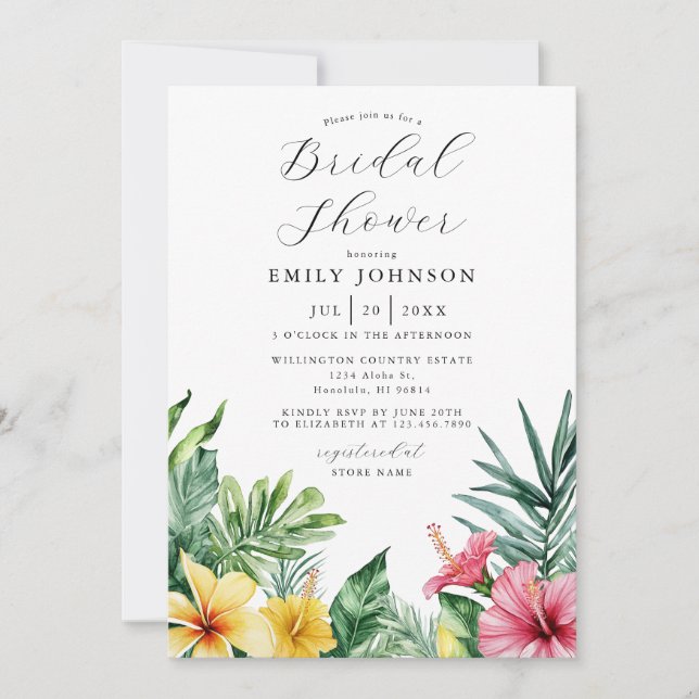 Elegant Watercolor Tropical Floral Bridal Shower Invitation (Front)