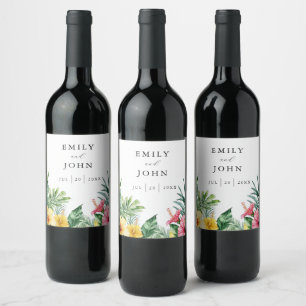 Elegant Watercolor Tropical Floral Wedding Wine Label